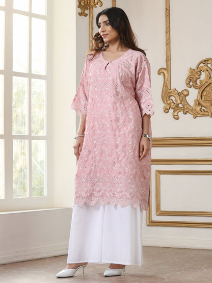 Dhiyona ST Women’s Pink All Over Schffli Kurta | 1 Pc, Easy Fit, Allover Schiffli Embroidery, Work Wear, Festive Party Wear (PRF'T Lux Duchess Satin Fabric)