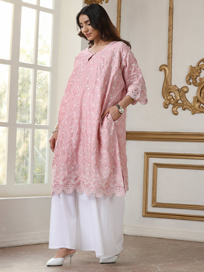 Dhiyona ST Women’s Pink All Over Schffli Kurta | 1 Pc, Easy Fit, Allover Schiffli Embroidery, Work Wear, Festive Party Wear (PRF'T Lux Duchess Satin Fabric)