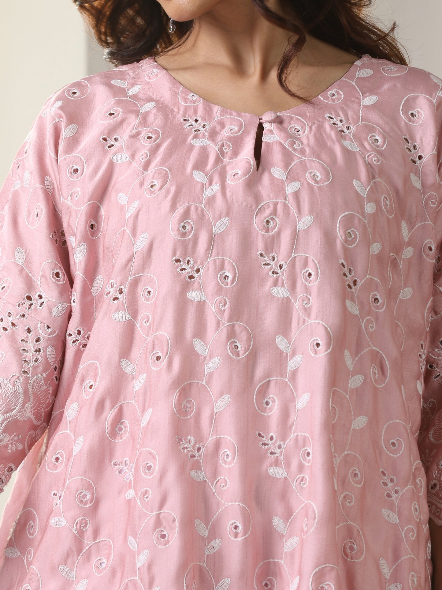 Dhiyona ST Women’s Pink All Over Schffli Kurta | 1 Pc, Easy Fit, Allover Schiffli Embroidery, Work Wear, Festive Party Wear (PRF'T Lux Duchess Satin Fabric)