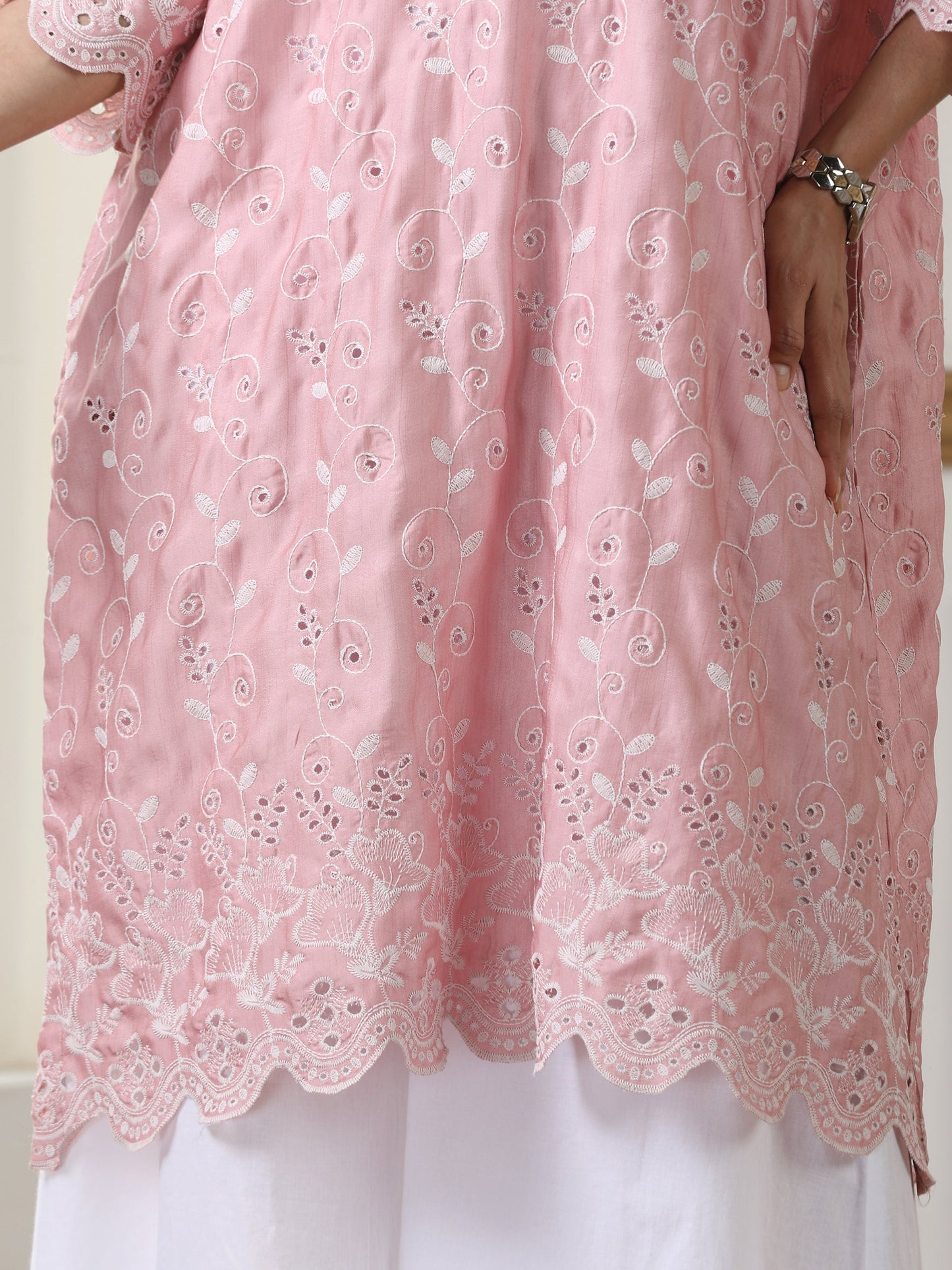 Dhiyona ST Women’s Pink All Over Schffli Kurta | 1 Pc, Easy Fit, Allover Schiffli Embroidery, Work Wear, Festive Party Wear (PRF'T Lux Duchess Satin Fabric)