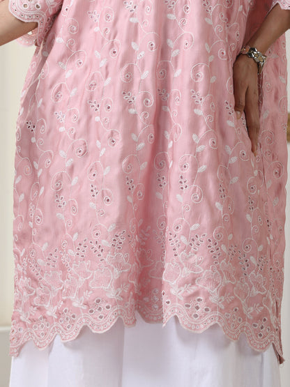 Dhiyona ST Women’s Pink All Over Schffli Kurta | 1 Pc, Easy Fit, Allover Schiffli Embroidery, Work Wear, Festive Party Wear (PRF'T Lux Duchess Satin Fabric)