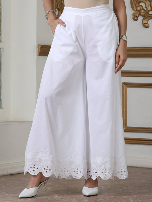 Dhiyona ST Women’s White Schffli Palazzo | 1 Pc, Cotton Cambric Fabric, Schiffli Embroidery, Casual , Festive Party Wear