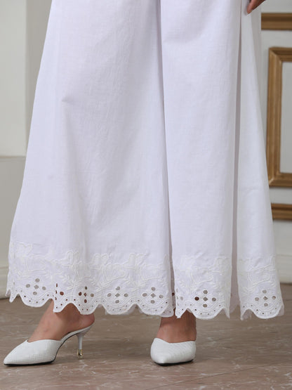 Dhiyona ST Women’s White Hi-Low Suit Set with Palazzo | 2 Pc Set, Cotton Cambric Fabric, Schiffli Embroidery on Hem & Sleeve, Half Sleeves, Casual , Festive Party Wear