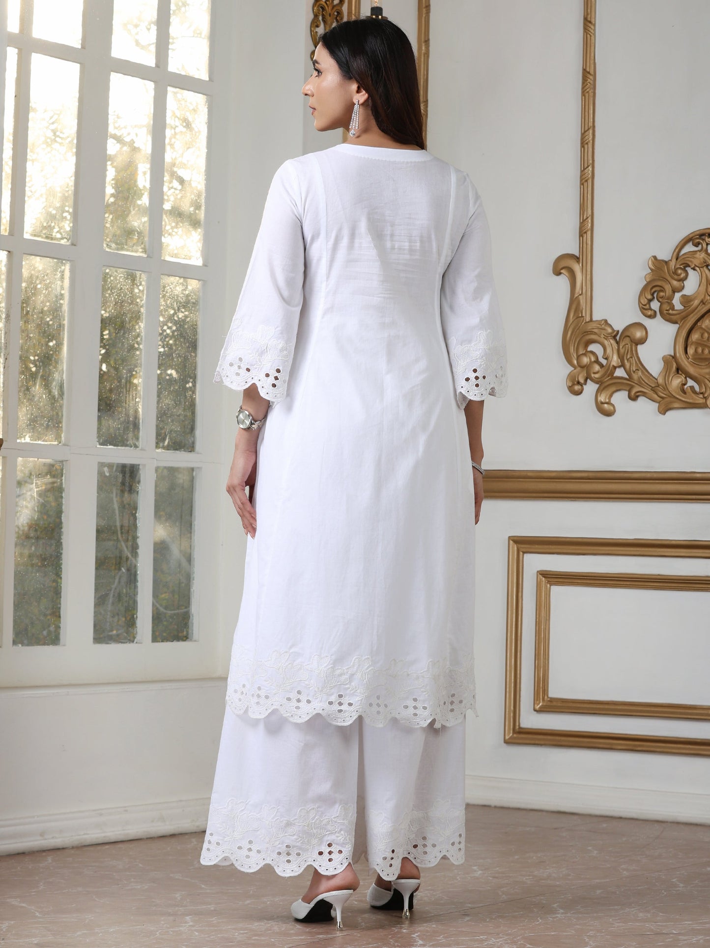 Dhiyona ST Women’s White Schffli Kurta | 1 Pc, Schiffli Embroidery on Hem & Sleeve,  Work Wear, Casual  Wear (100% Cotton Cambric Extra Soft Breathable Fabric)