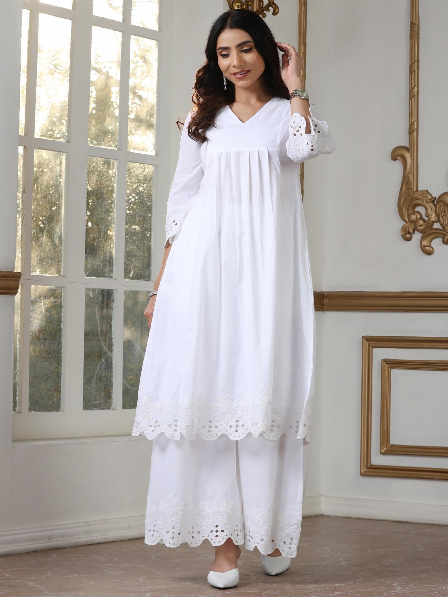 Dhiyona ST Women’s White Suit Set with Palazzo | 2 Pc Set, Paneled Design, Schiffli Embroidery on Hem,Casual Wear, Work Wear (100% Cotton Cambric Extra Soft Breathable Fabric)