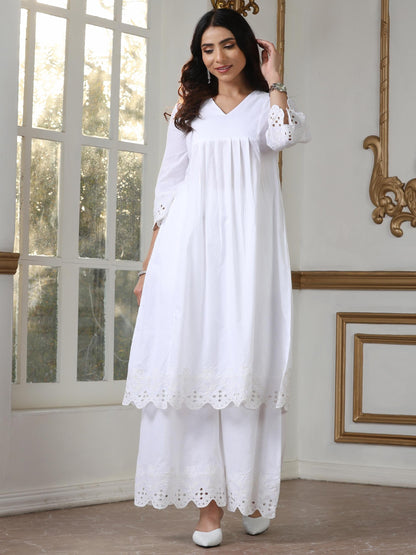 Dhiyona ST Women’s White Suit Set with Palazzo | 2 Pc Set, Paneled Design, Schiffli Embroidery on Hem,Casual Wear, Work Wear (100% Cotton Cambric Extra Soft Breathable Fabric)