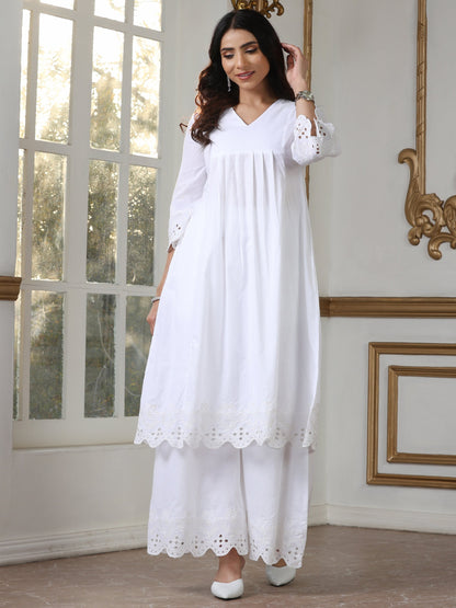 Dhiyona ST Women’s White Schffli Kurta | 1 Pc, Schiffli Embroidery on Hem & Sleeve,  Work Wear, Casual  Wear (100% Cotton Cambric Extra Soft Breathable Fabric)