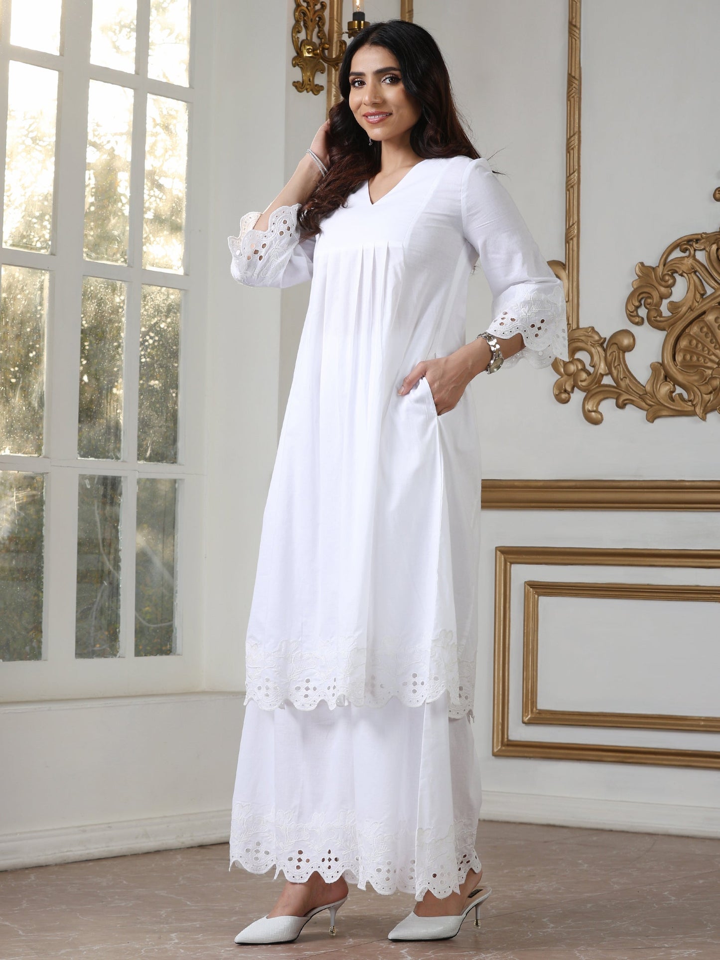 Dhiyona ST Women’s White Schffli Kurta | 1 Pc, Schiffli Embroidery on Hem & Sleeve,  Work Wear, Casual  Wear (100% Cotton Cambric Extra Soft Breathable Fabric)
