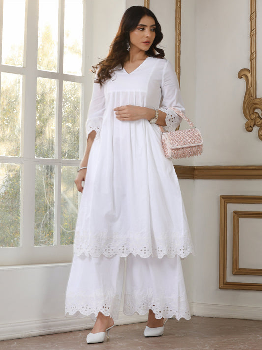 Dhiyona ST Women’s White Suit Set with Palazzo | 2 Pc Set, Paneled Design, Schiffli Embroidery on Hem,Casual Wear, Work Wear (100% Cotton Cambric Extra Soft Breathable Fabric)