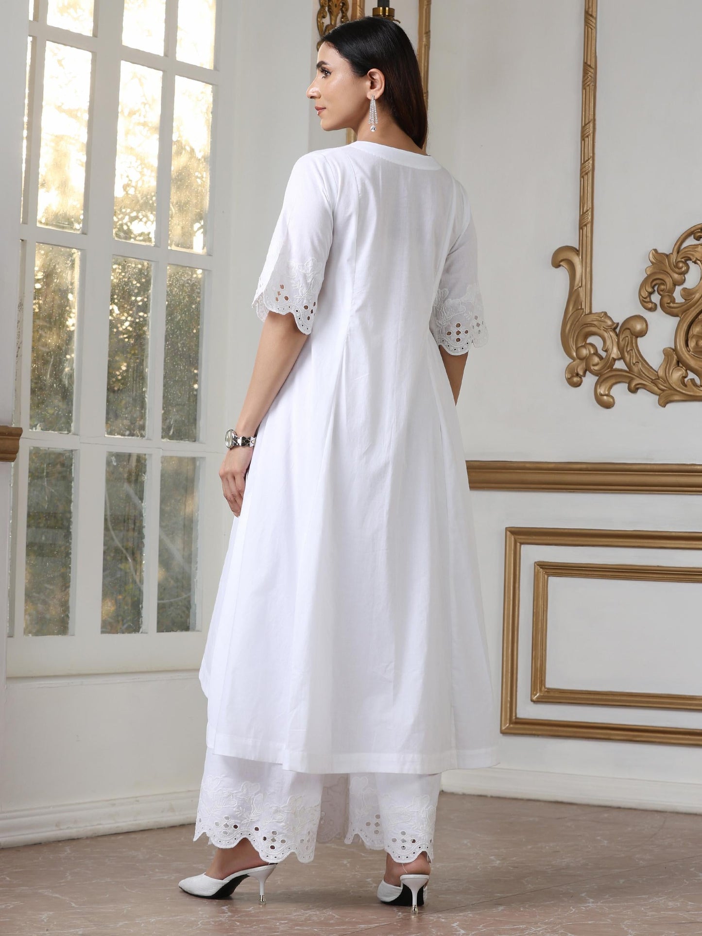 Dhiyona ST Women’s White Hi-Low Suit Set with Palazzo | 2 Pc Set, Cotton Cambric Fabric, Schiffli Embroidery on Hem & Sleeve, Half Sleeves, Casual , Festive Party Wear