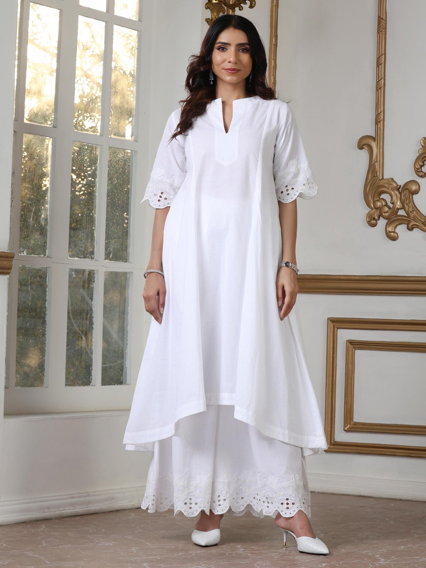Dhiyona ST Women’s White Hi-Low Suit Set with Palazzo | 2 Pc Set, Cotton Cambric Fabric, Schiffli Embroidery on Hem & Sleeve, Half Sleeves, Casual , Festive Party Wear