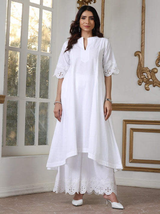 Dhiyona ST Women’s White Hi-Low Suit Set with Palazzo | 2 Pc Set, Cotton Cambric Fabric, Schiffli Embroidery on Hem & Sleeve, Half Sleeves, Casual , Festive Party Wear
