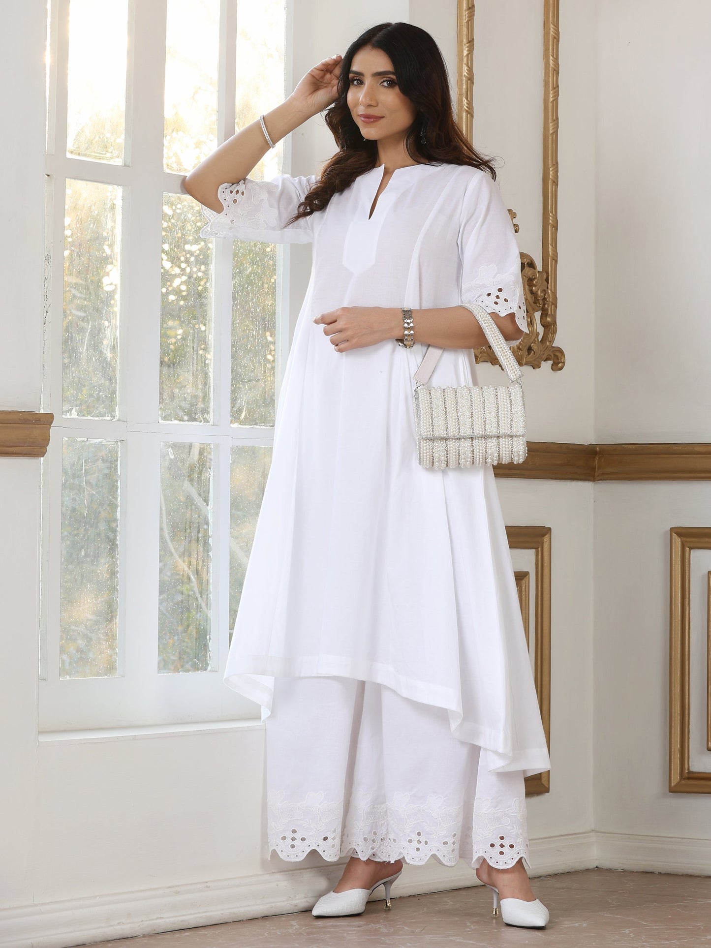 Dhiyona ST Women’s White Hi-Low Suit Set with Palazzo | 2 Pc Set, Cotton Cambric Fabric, Schiffli Embroidery on Hem & Sleeve, Half Sleeves, Casual , Festive Party Wear