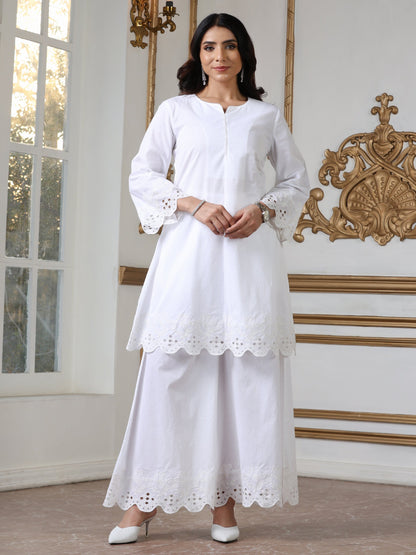 Dhiyona ST Women’s White Schffli Palazzo | 1 Pc, Cotton Cambric Fabric, Schiffli Embroidery, Casual , Festive Party Wear