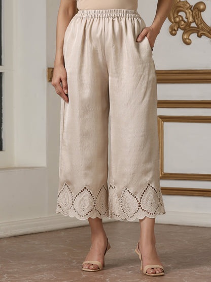 Dhiyona ST Women’s Cream Suit Set with Pant | 2 Pc Set, A-Line, Swiss Embroidery, Sleeveless, Work Wear, Casual (PRF'T Lux Duchess Satin Fabric)