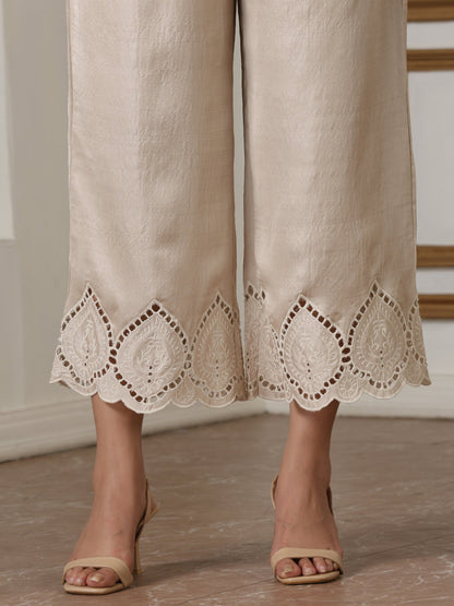 Dhiyona ST Women’s Cream Suit Set with Pant | 2 Pc Set, A-Line, Swiss Embroidery, Sleeveless, Work Wear, Casual (PRF'T Lux Duchess Satin Fabric)
