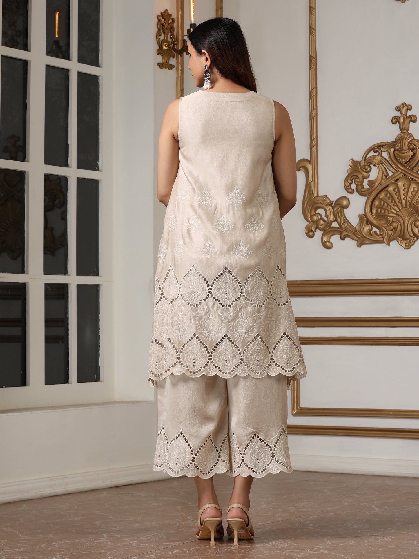 Dhiyona ST Women’s Cream Suit Set with Pant | 2 Pc Set, A-Line, Swiss Embroidery, Sleeveless, Work Wear, Casual (PRF'T Lux Duchess Satin Fabric)