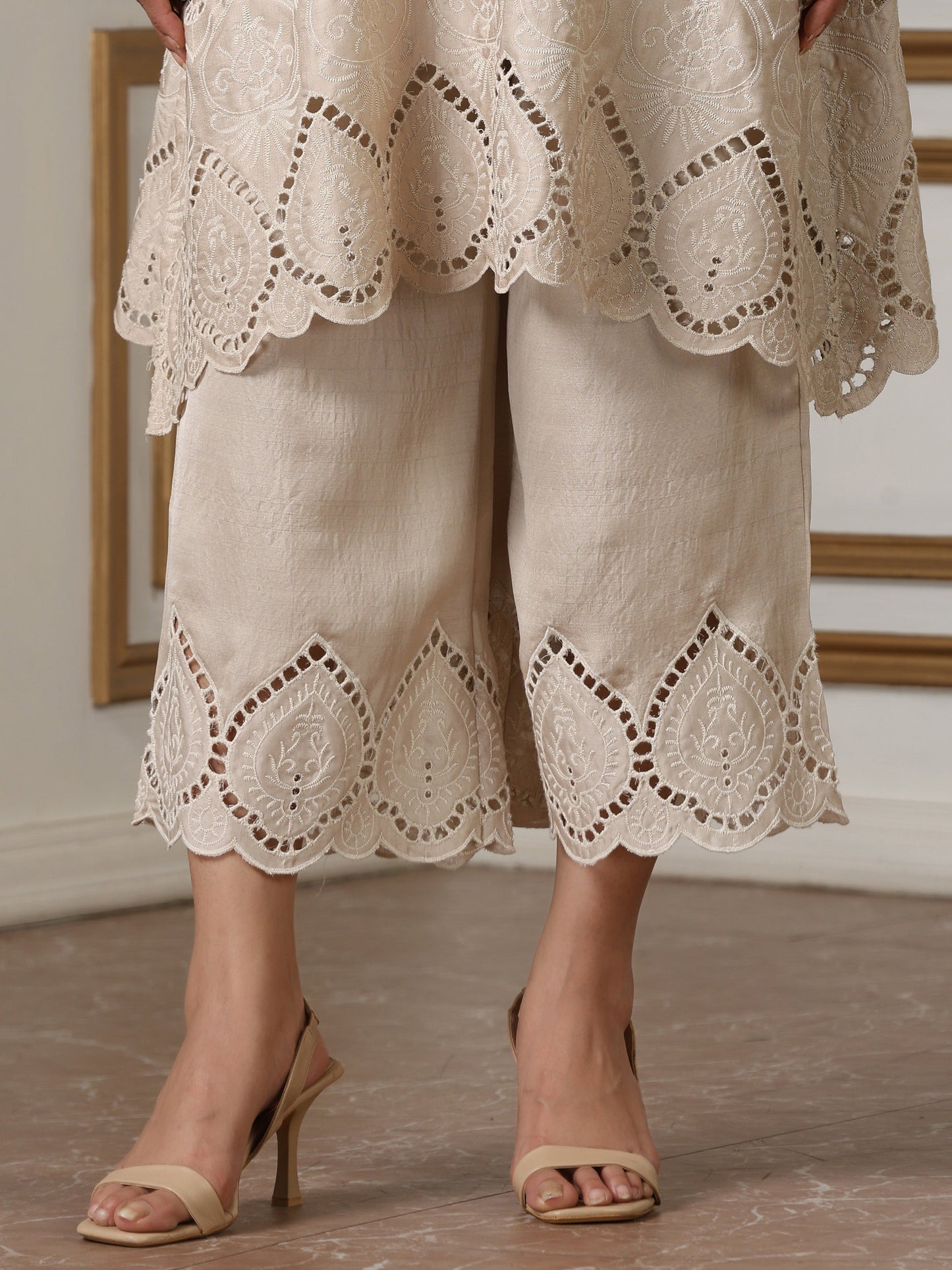 Dhiyona ST Women’s Cream Suit Set with Pant | 2 Pc Set, A-Line, Swiss Embroidery, Sleeveless, Work Wear, Casual (PRF'T Lux Duchess Satin Fabric)