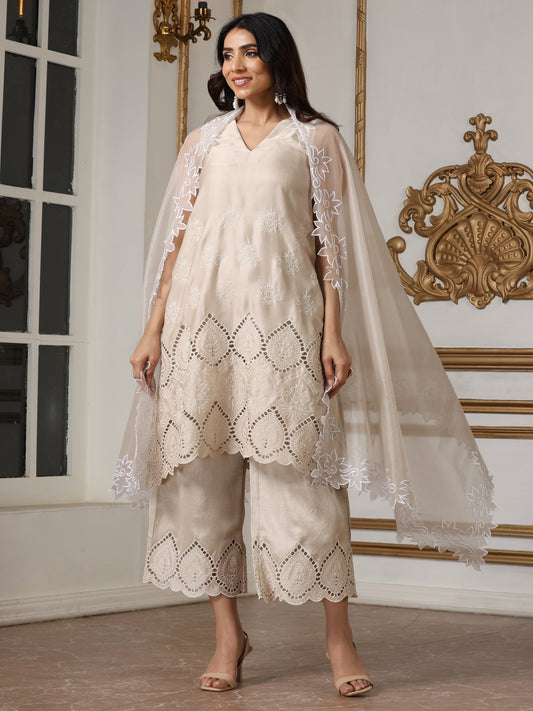 Dhiyona ST Women’s Cream Suit Set with Pant | 2 Pc Set, A-Line, Swiss Embroidery, Sleeveless, Work Wear, Casual (PRF'T Lux Duchess Satin Fabric)