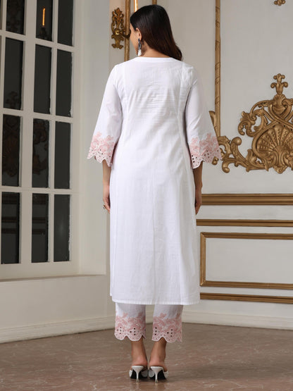 Dhiyona ST Women’s White Suit Set with Pant | 2 Pc Set, Paneled Design, Schiffli Embroidery on Hem, 3/4th Sleeves, Work Wear , Casual Wear(100% Cotton Cambric Extra Soft Breathable Fabric)