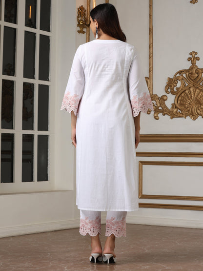 Dhiyona ST Women’s White Pink Schffli Kurta | 1 Pc, Schiffli Swiss Embroidery on Sleeve,  Work Wear, Casual (100% Cotton Cambric Extra Soft Breathable Fabric)