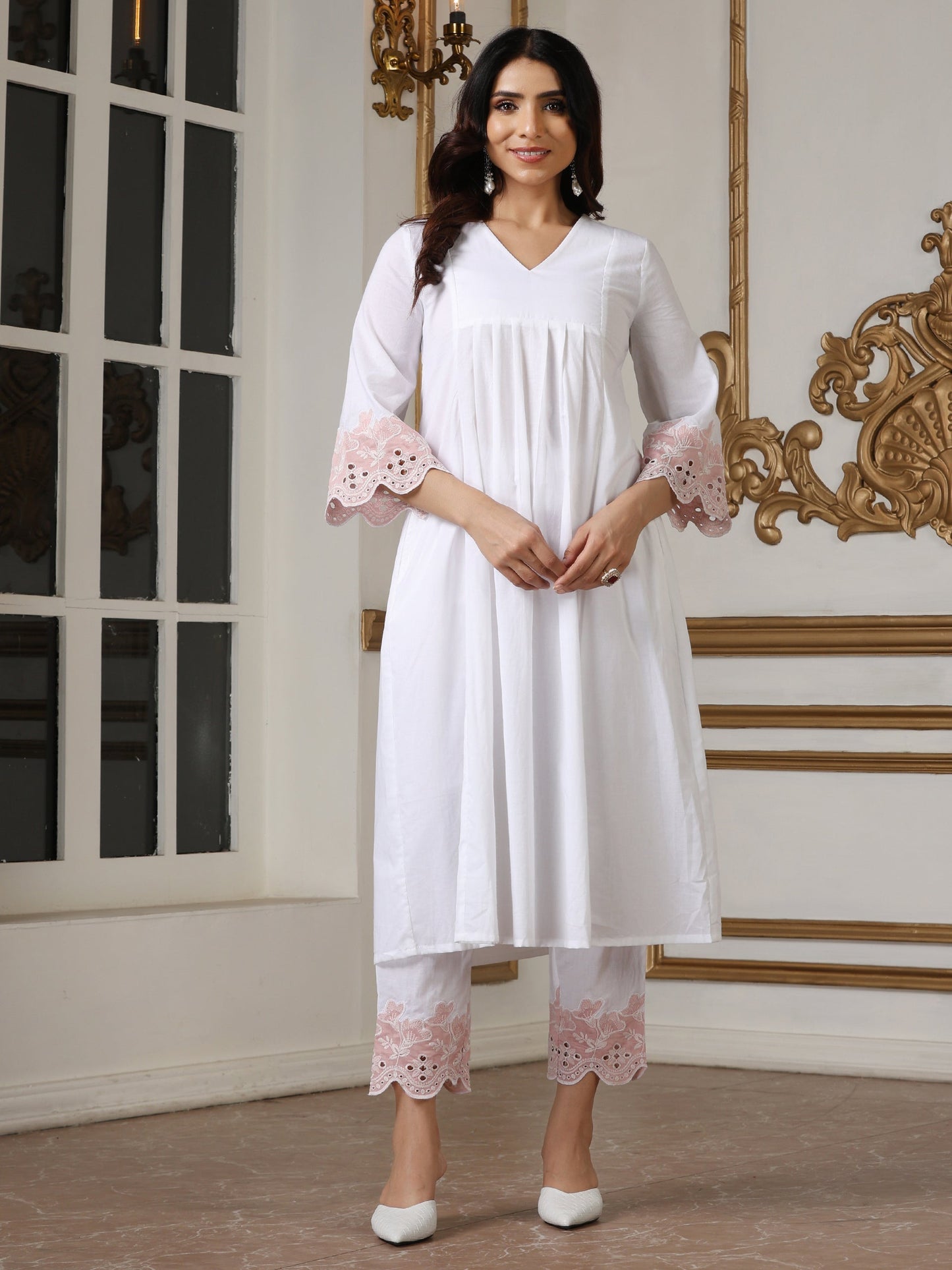Dhiyona ST Women’s White Pink Schffli Kurta | 1 Pc, Schiffli Swiss Embroidery on Sleeve,  Work Wear, Casual (100% Cotton Cambric Extra Soft Breathable Fabric)