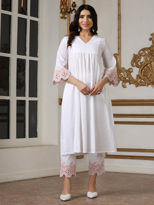 Dhiyona ST Women’s White Pink Schffli Kurta | 1 Pc, Schiffli Swiss Embroidery on Sleeve,  Work Wear, Casual (100% Cotton Cambric Extra Soft Breathable Fabric)