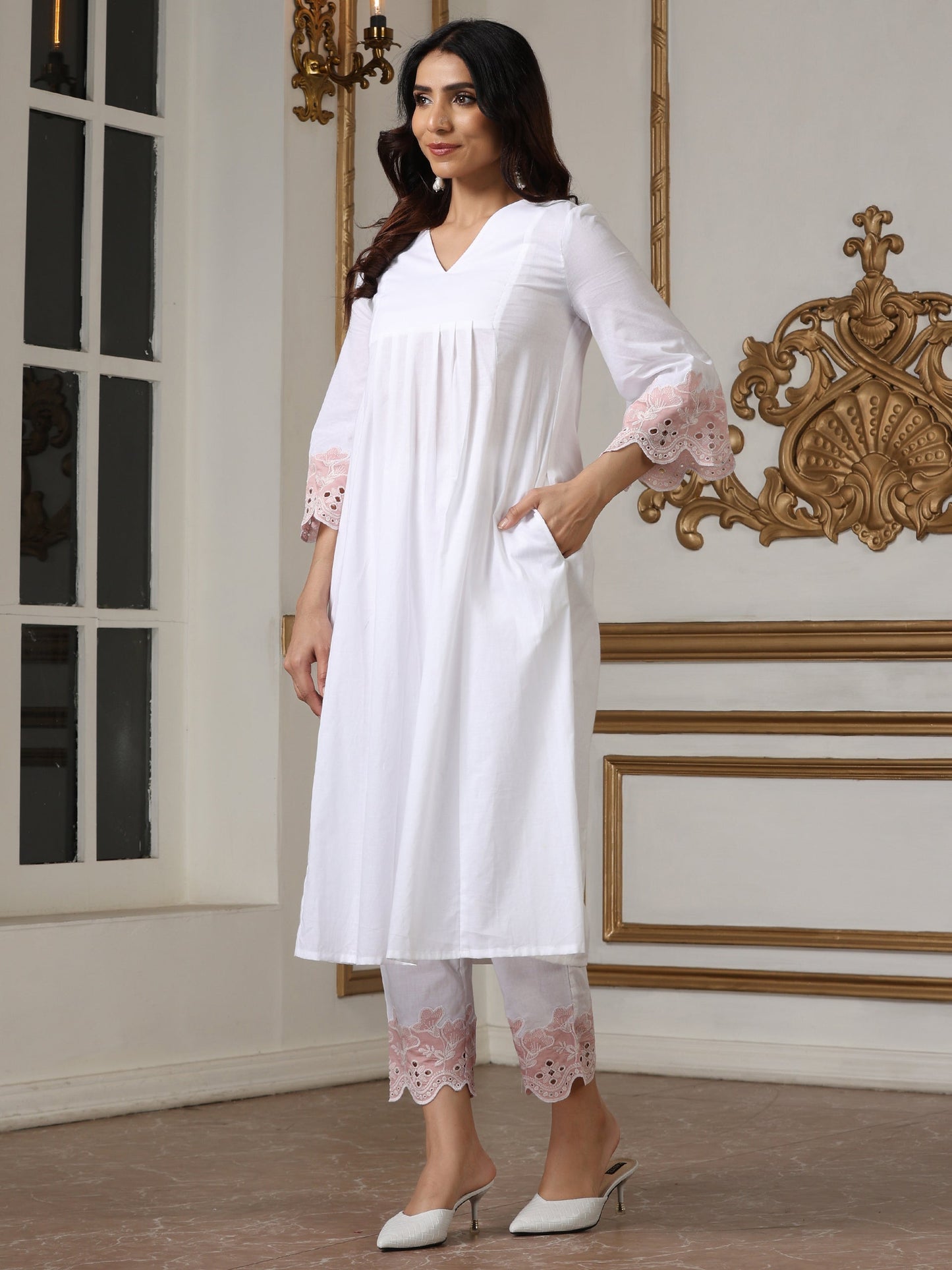Dhiyona ST Women’s White Pink Schffli Kurta | 1 Pc, Schiffli Swiss Embroidery on Sleeve,  Work Wear, Casual (100% Cotton Cambric Extra Soft Breathable Fabric)