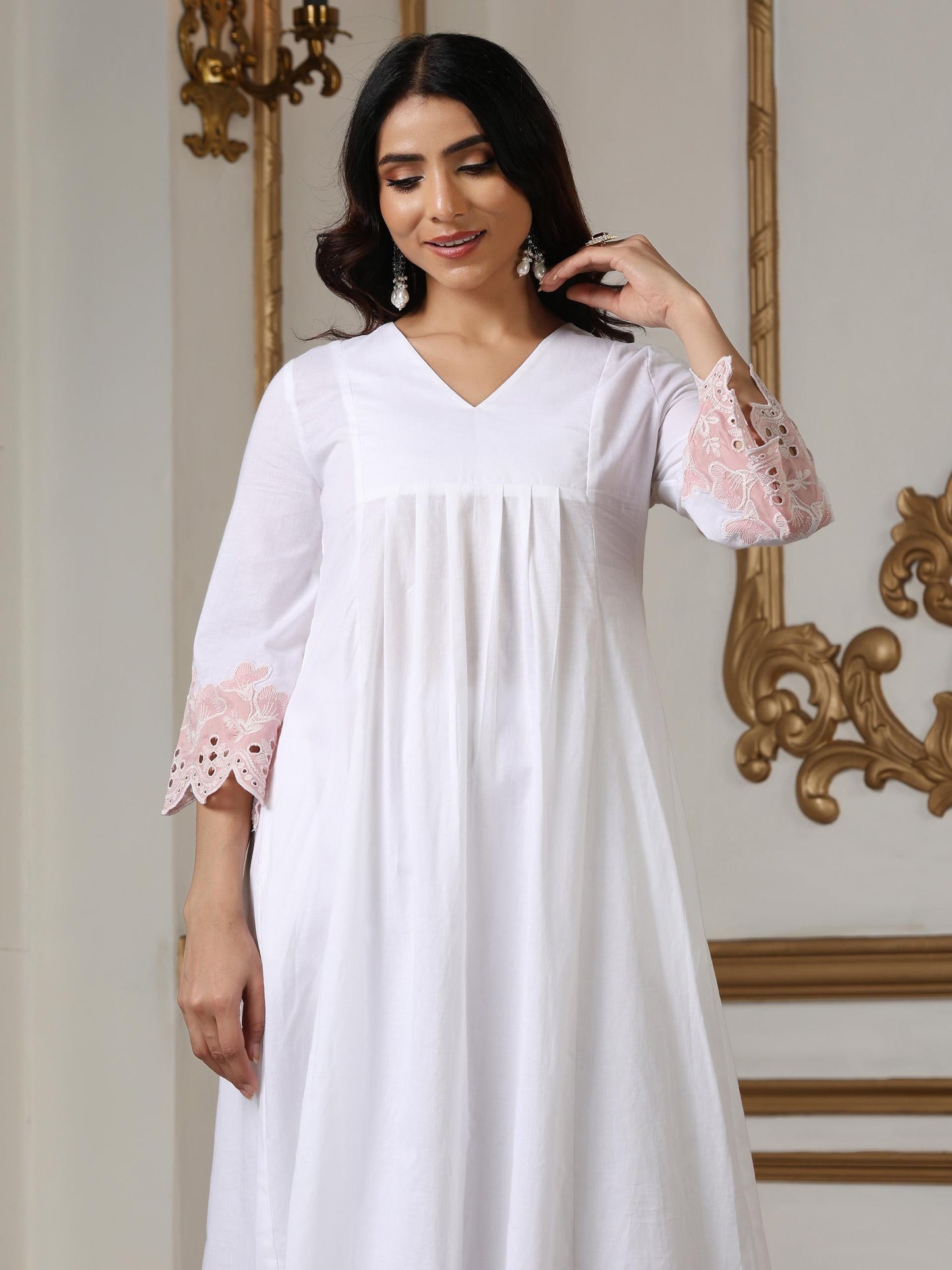 Dhiyona ST Women’s White Suit Set with Pant | 2 Pc Set, Paneled Design, Schiffli Embroidery on Hem, 3/4th Sleeves, Work Wear , Casual Wear(100% Cotton Cambric Extra Soft Breathable Fabric)