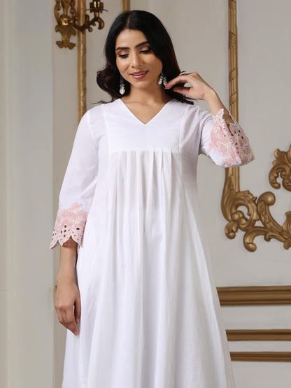 Dhiyona ST Women’s White Suit Set with Pant | 2 Pc Set, Paneled Design, Schiffli Embroidery on Hem, 3/4th Sleeves, Work Wear , Casual Wear(100% Cotton Cambric Extra Soft Breathable Fabric)