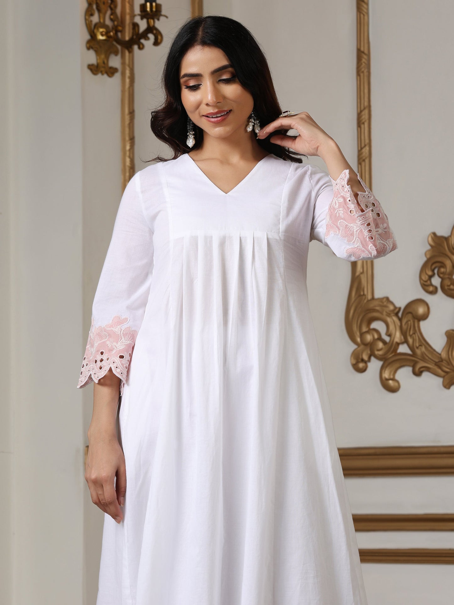 Dhiyona ST Women’s White Pink Schffli Kurta | 1 Pc, Schiffli Swiss Embroidery on Sleeve,  Work Wear, Casual (100% Cotton Cambric Extra Soft Breathable Fabric)