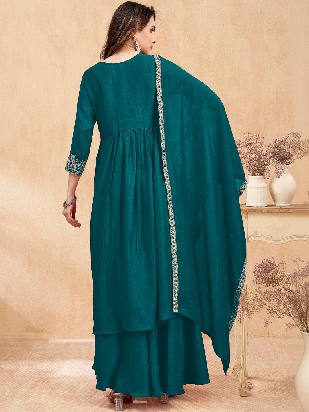 Embroidered V-Neck Kurta Trousers & Dupatta