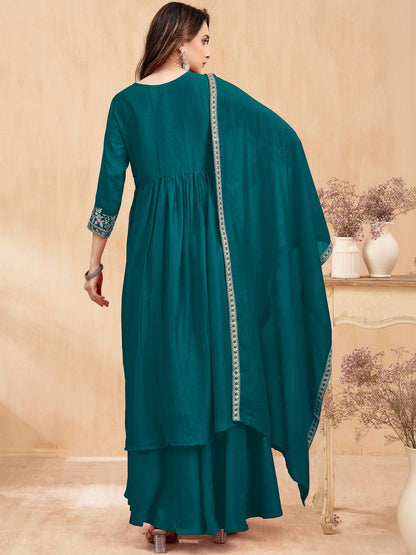 Embroidered V-Neck Kurta Trousers & Dupatta