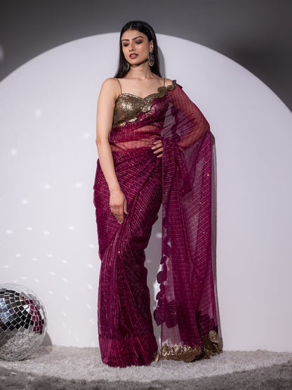 Dhiyona ST Falling leaves Sparkle Wine Saree