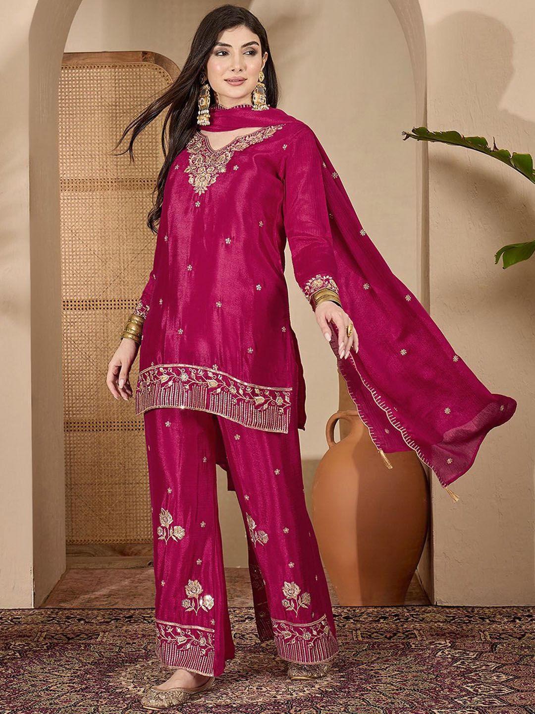 Dhiyona SN Zari Sequence Thread Embroidered Straight Kurta With Palazzos & Dupatta