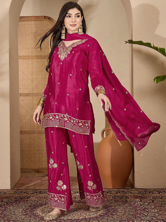 Dhiyona SN Zari Sequence Thread Embroidered Straight Kurta With Palazzos & Dupatta