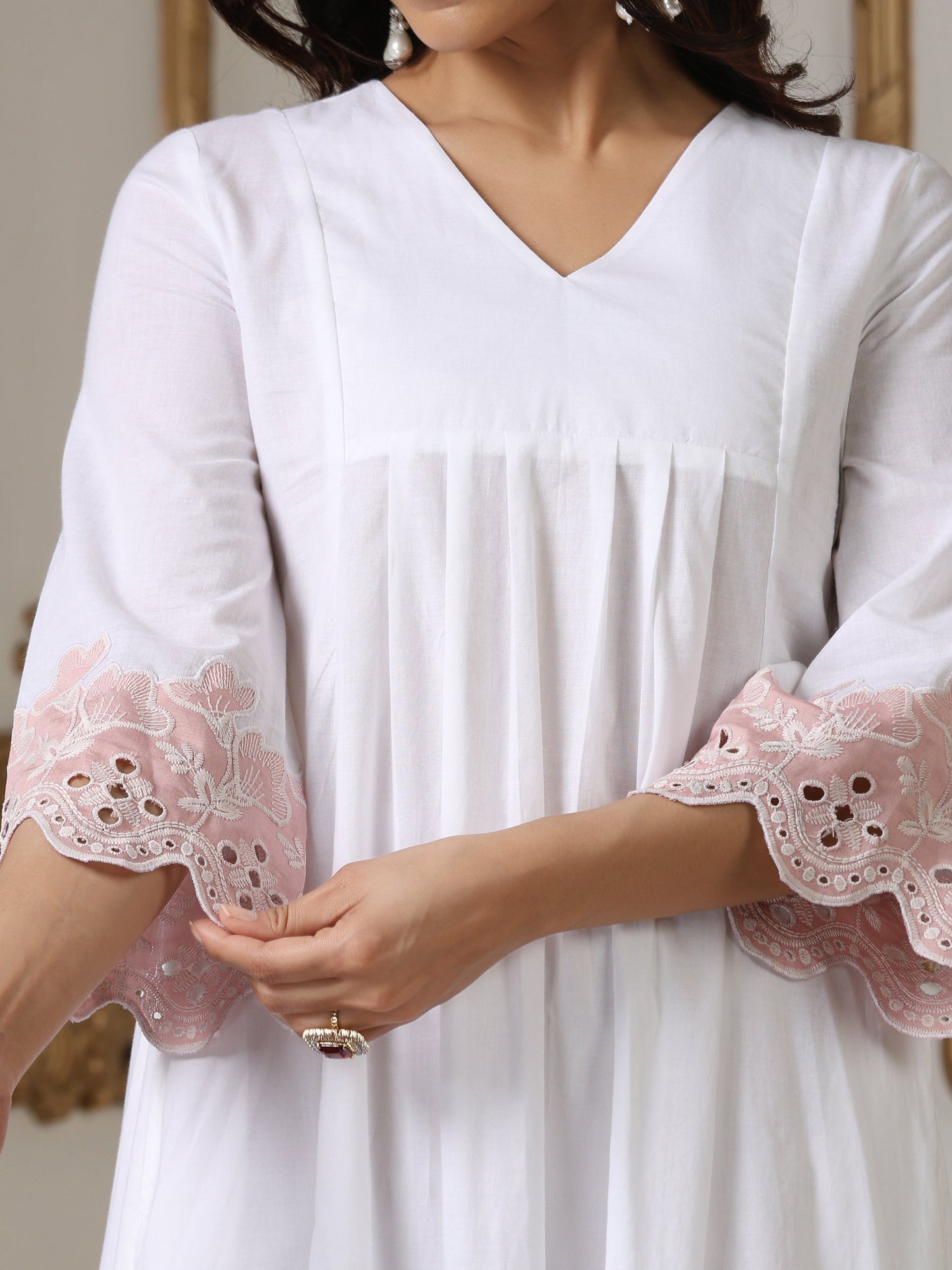 Dhiyona ST Women’s White Pink Schffli Kurta | 1 Pc, Schiffli Swiss Embroidery on Sleeve,  Work Wear, Casual (100% Cotton Cambric Extra Soft Breathable Fabric)