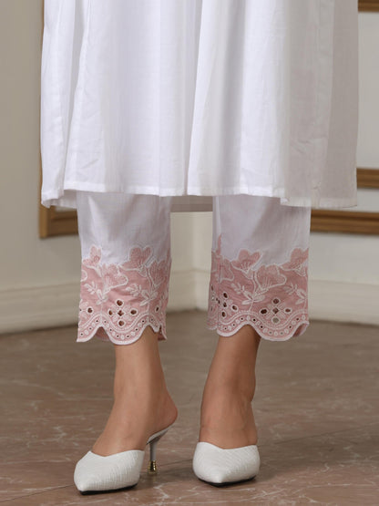 Dhiyona ST Women’s White Suit Set with Pant | 2 Pc Set, Paneled Design, Schiffli Embroidery on Hem, 3/4th Sleeves, Work Wear , Casual Wear(100% Cotton Cambric Extra Soft Breathable Fabric)