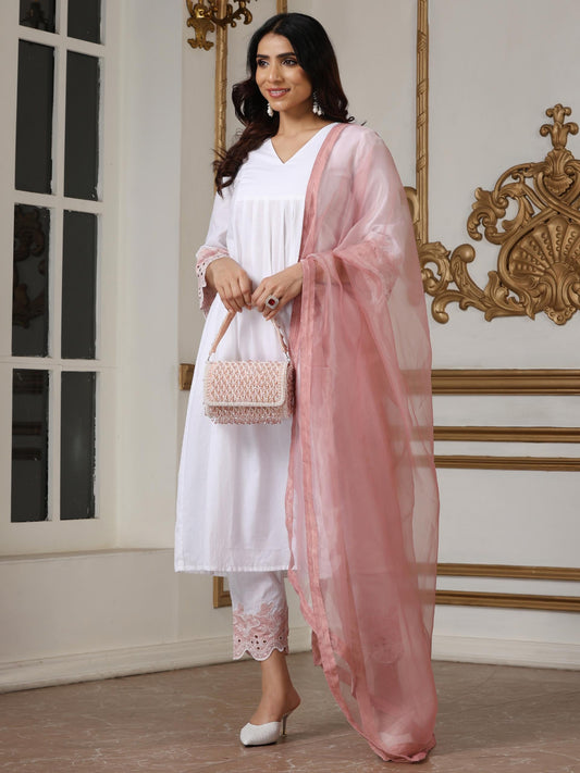 Dhiyona ST Women’s White Suit Set with Pant | 2 Pc Set, Paneled Design, Schiffli Embroidery on Hem, 3/4th Sleeves, Work Wear , Casual Wear(100% Cotton Cambric Extra Soft Breathable Fabric)