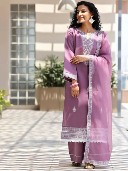 Women's LB Mauve Embroidered Silk Blend Straight Suit With Dupatta