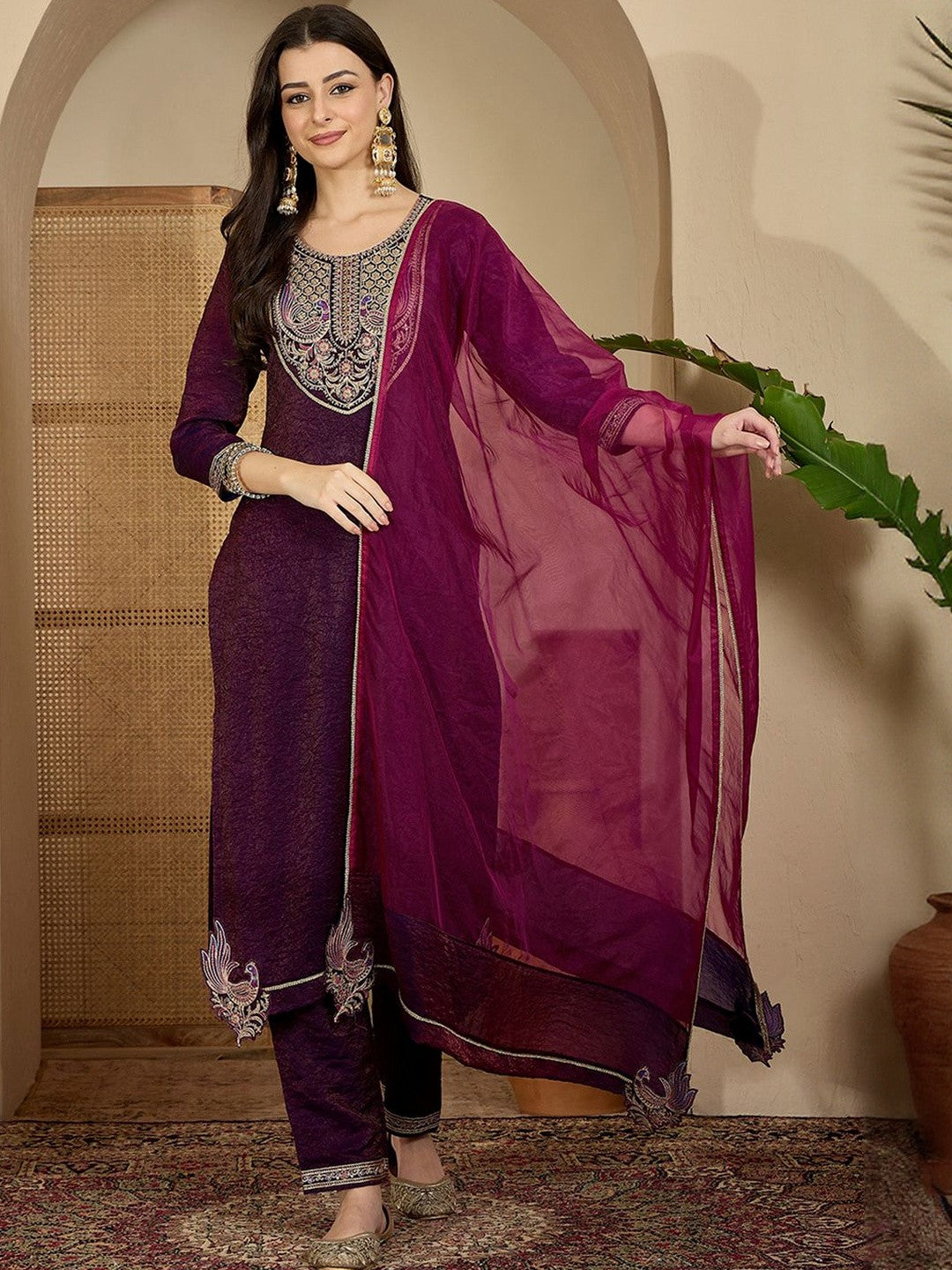 Ethnic Motifs Yoke Design Sequinned Straight Kurta With Trouser & Dupatta