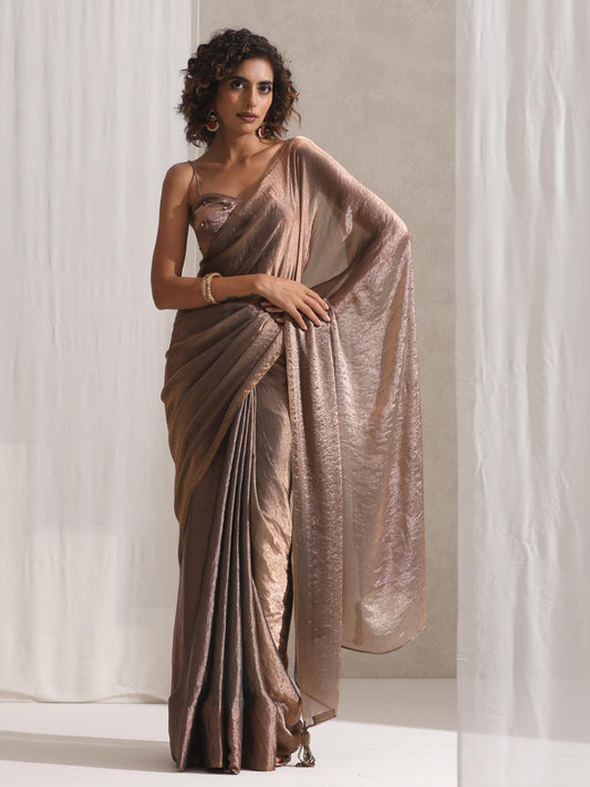 Dhiyona ST Copper Blue Metallic Satin Saree with Beaded Blouse Fabric