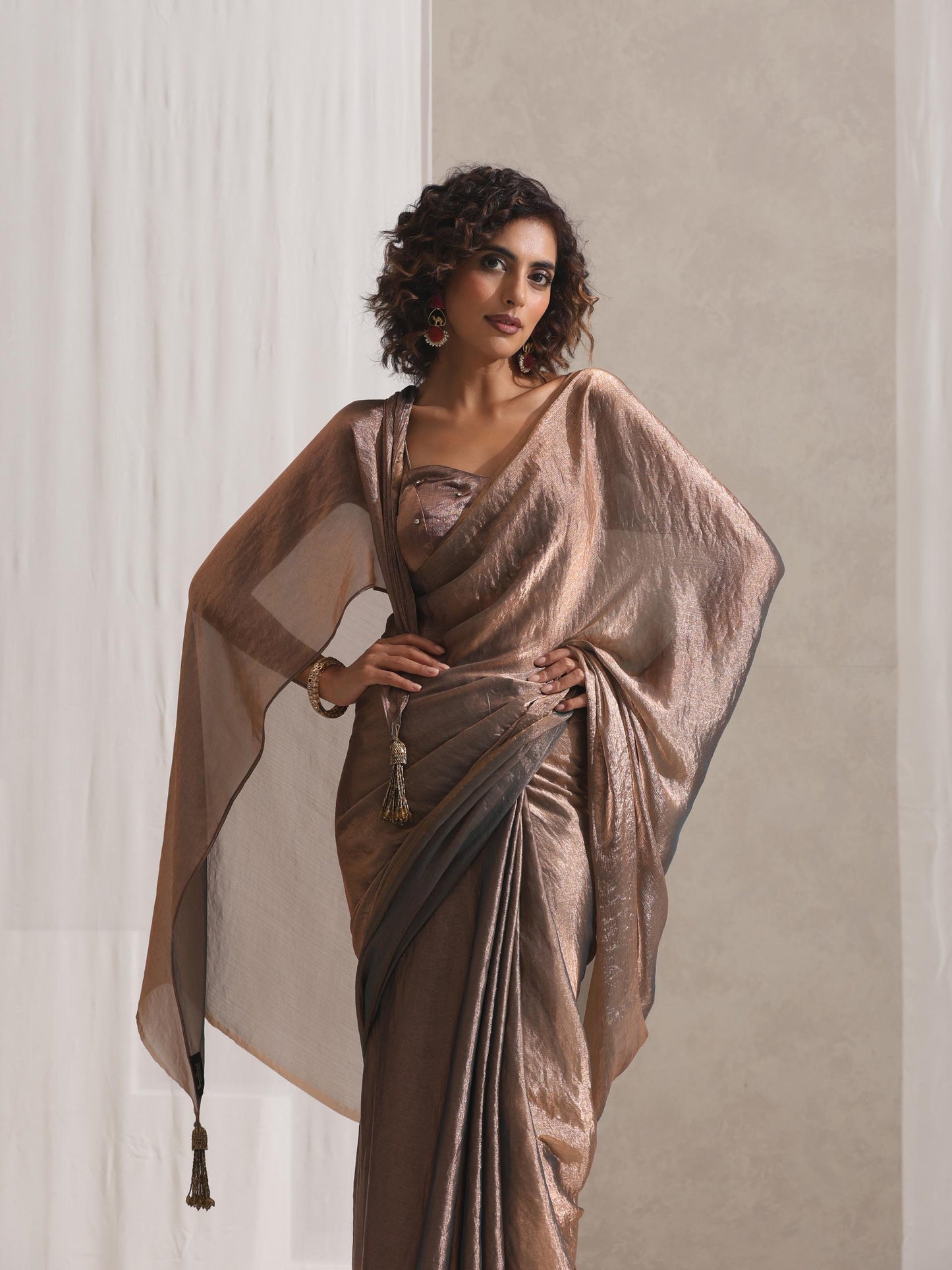 Dhiyona ST Copper Blue Metallic Satin Saree with Beaded Blouse Fabric