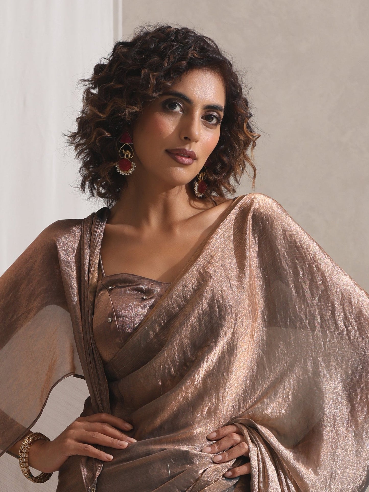 Dhiyona ST Copper Blue Metallic Satin Saree with Beaded Blouse Fabric