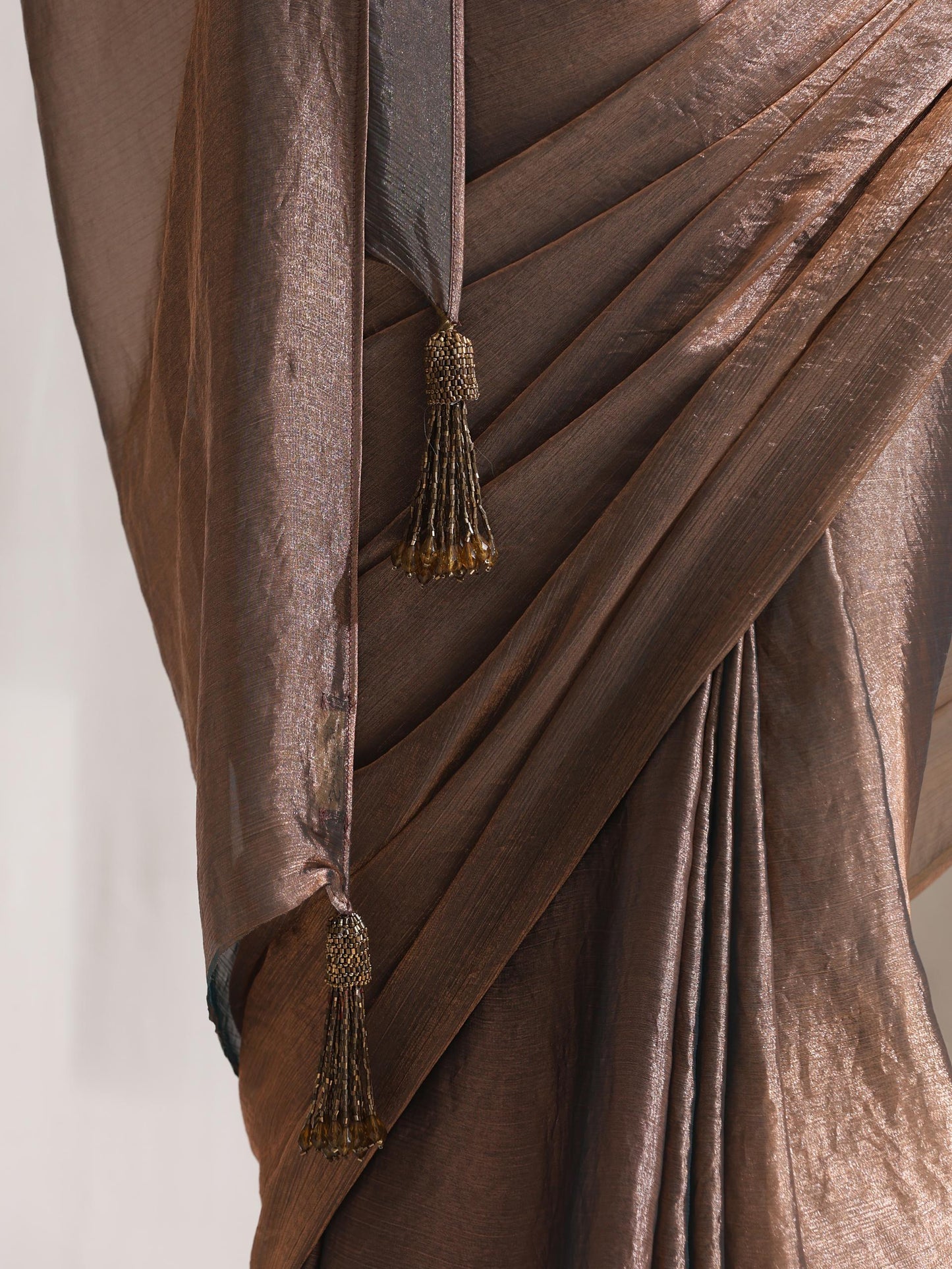 Dhiyona ST Copper Blue Metallic Satin Saree with Beaded Blouse Fabric