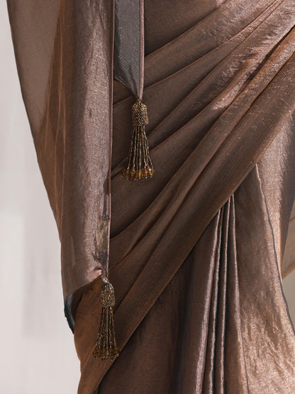 Dhiyona ST Copper Blue Metallic Satin Saree with Beaded Blouse Fabric