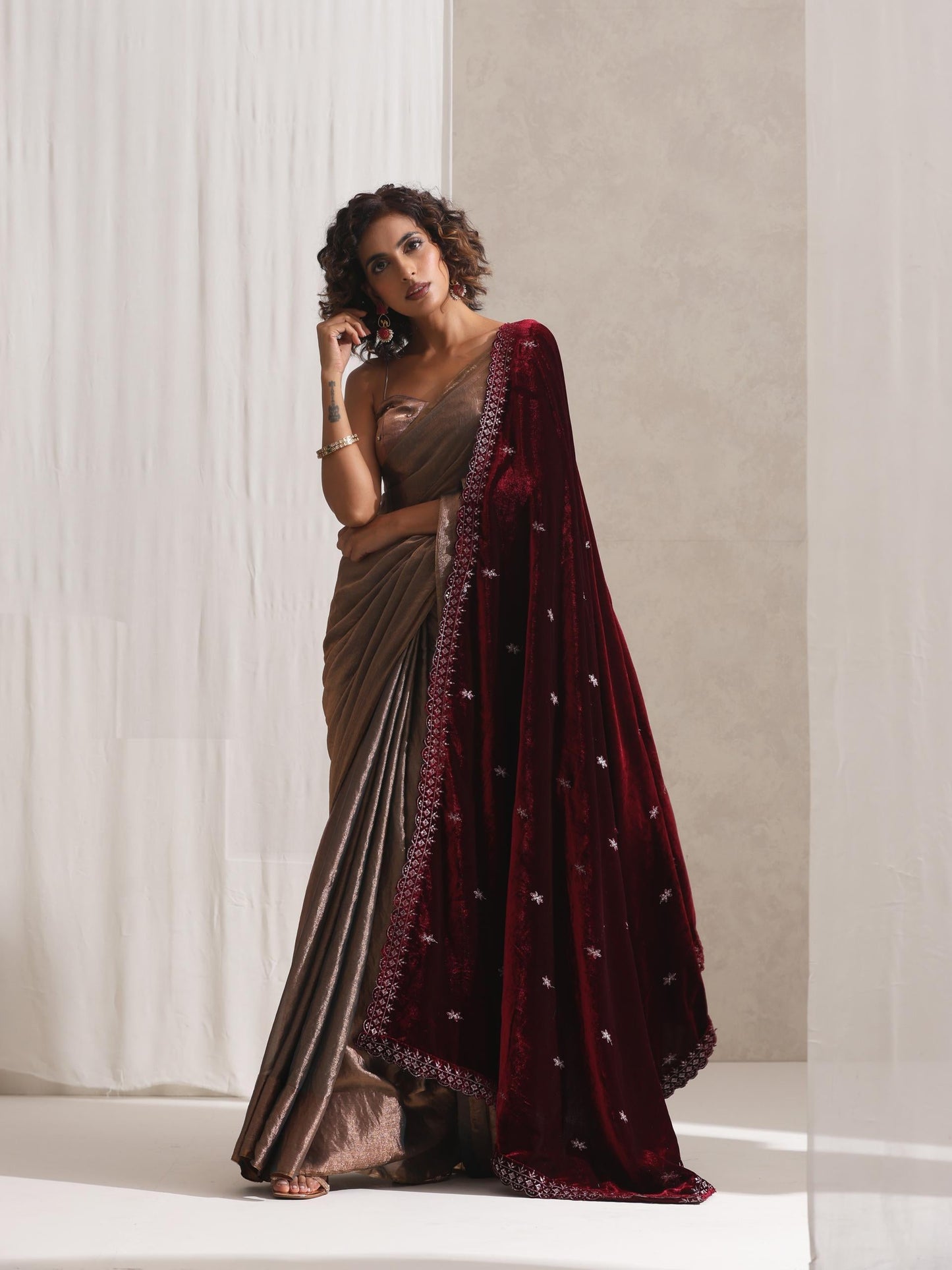 Dhiyona ST Copper Blue Metallic Satin Saree with Beaded Blouse Fabric