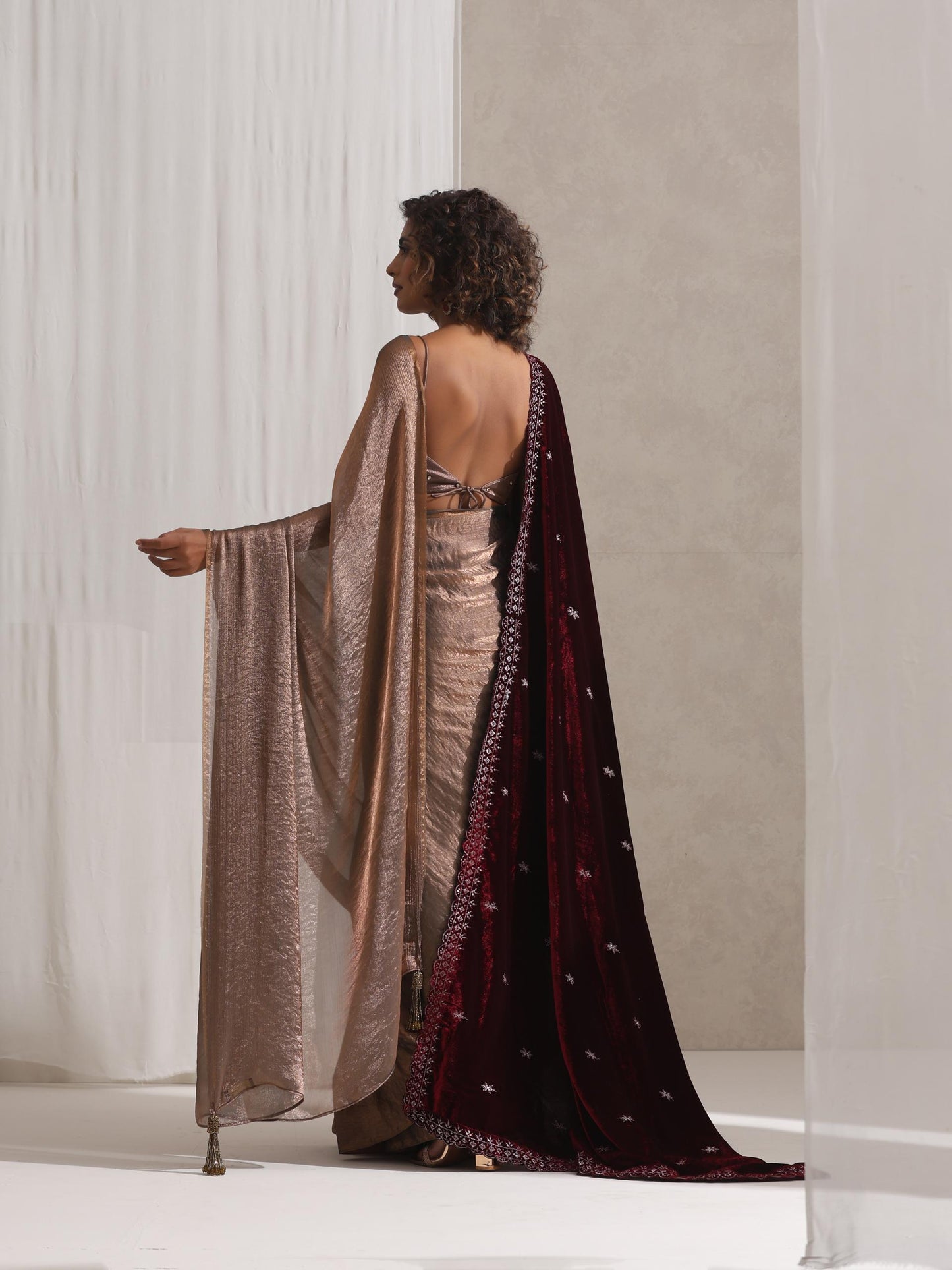 Dhiyona ST Copper Blue Metallic Satin Saree with Beaded Blouse Fabric