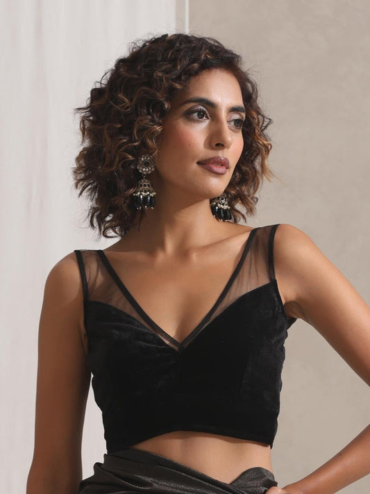 Dhiyona ST Femme Noir Velvet Blouse With Net