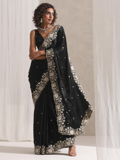 Dhiyona ST Black Onyx Posh Velvety Saree with Embroidery and Blouse Fabric